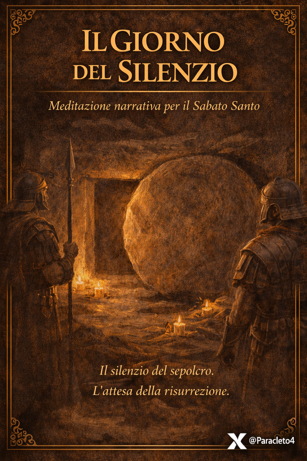 Illustrazione sacra del sepolcro di Gesù chiuso e custodito nel silenzio del Sabato Santo.